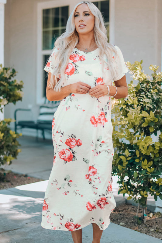 Women's Floral Side Slit Cuffed Sleeve Cream Midi Dress
