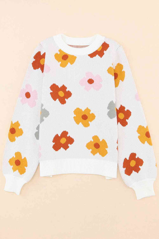 Full Size Floral Round Neck Sweater