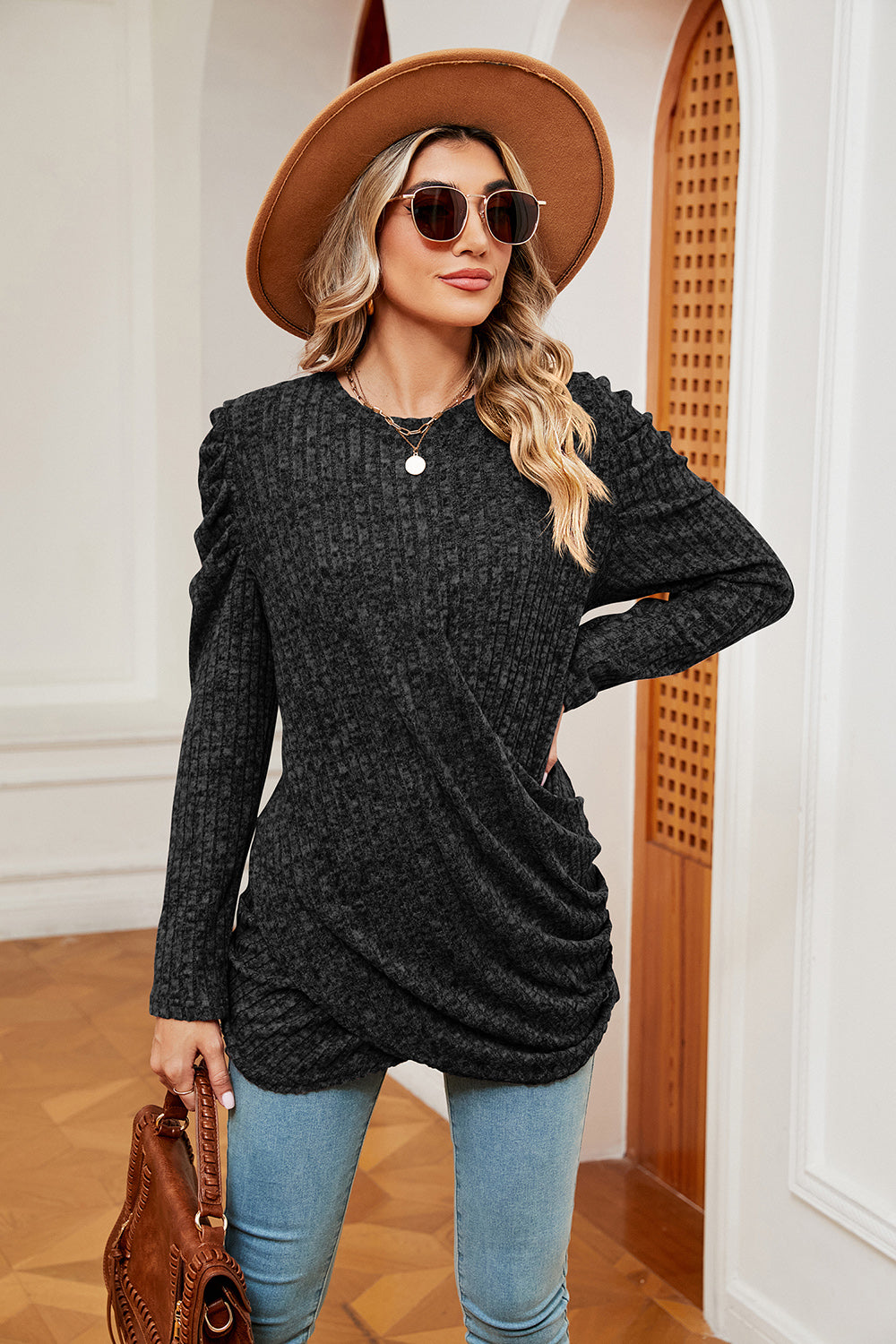 Full Size Long Sleeve Ribbed Twisted Top