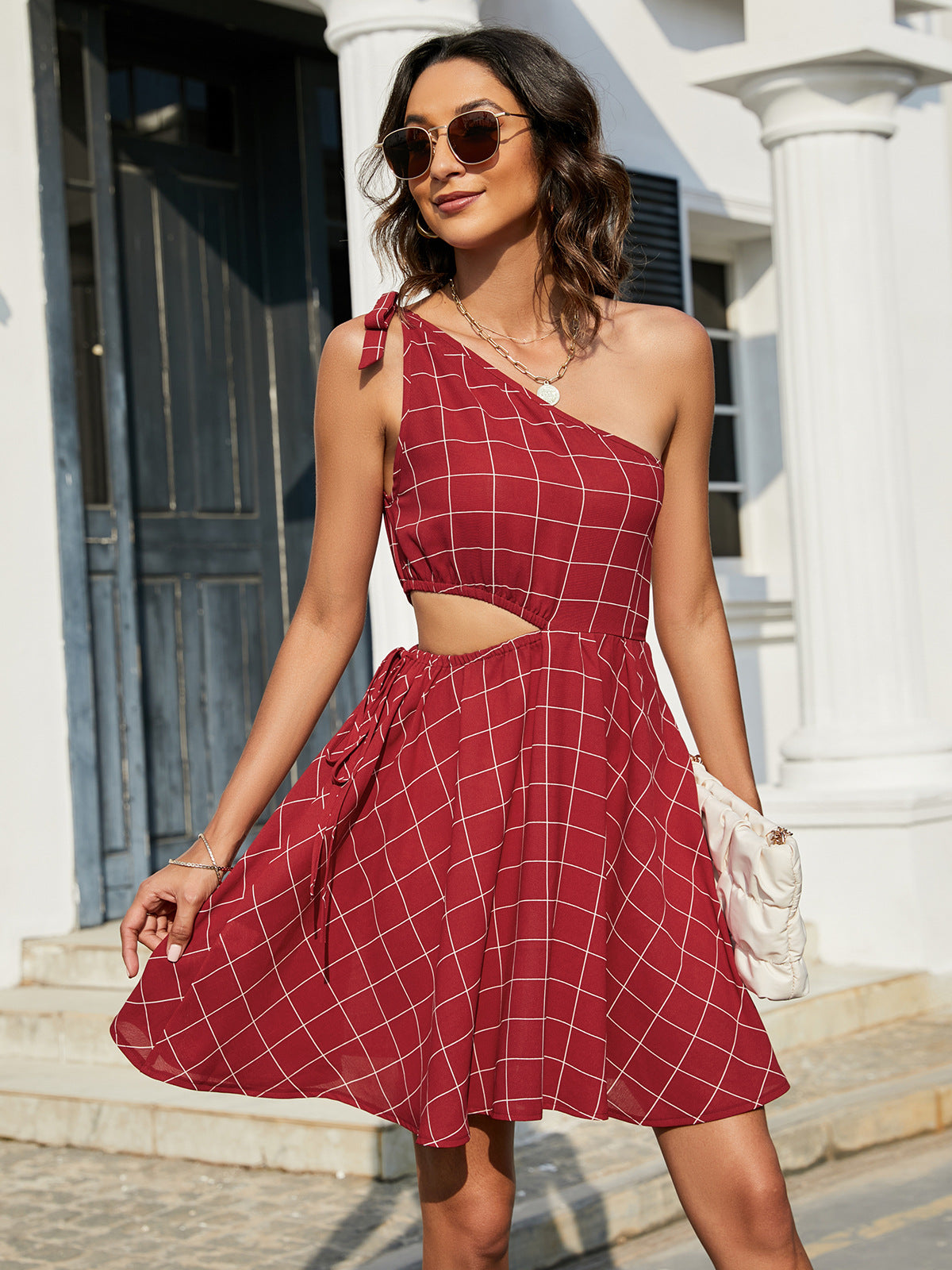 Women's Grid One-Shoulder Tied Cutout Dress