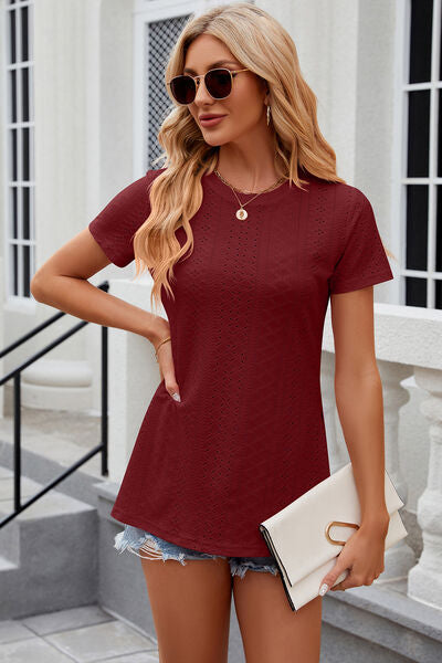 Eyelet Slit Round Neck Short Sleeve T-Shirt