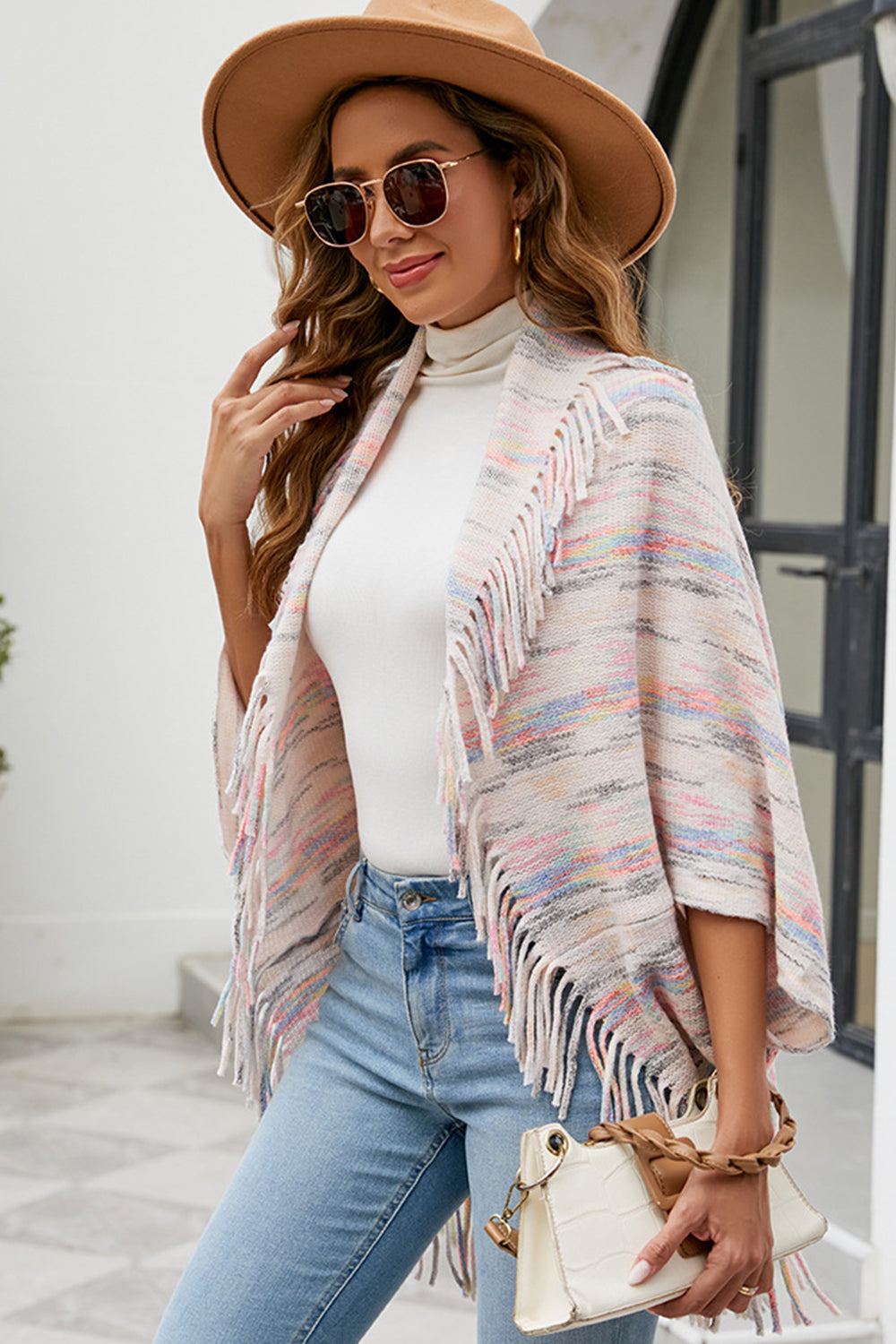 One Size Fringe Detail Printed Poncho