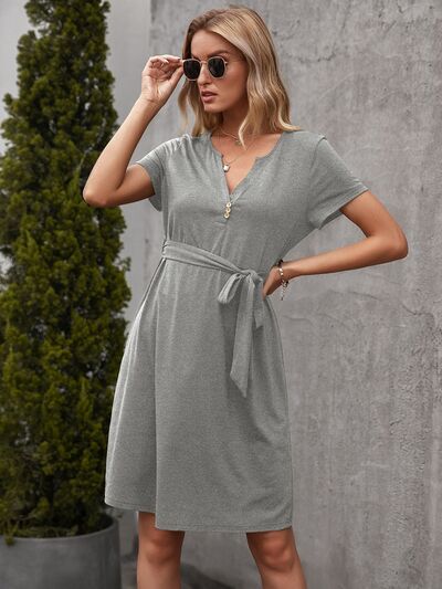 Tied Notched Short Sleeve Dress