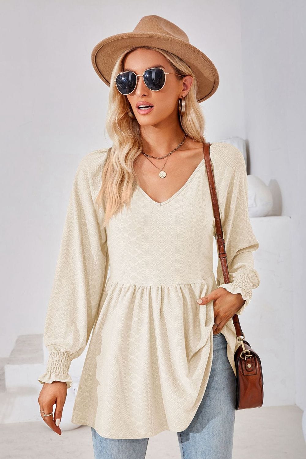 Full Size V-Neck Lantern Sleeve Blouse