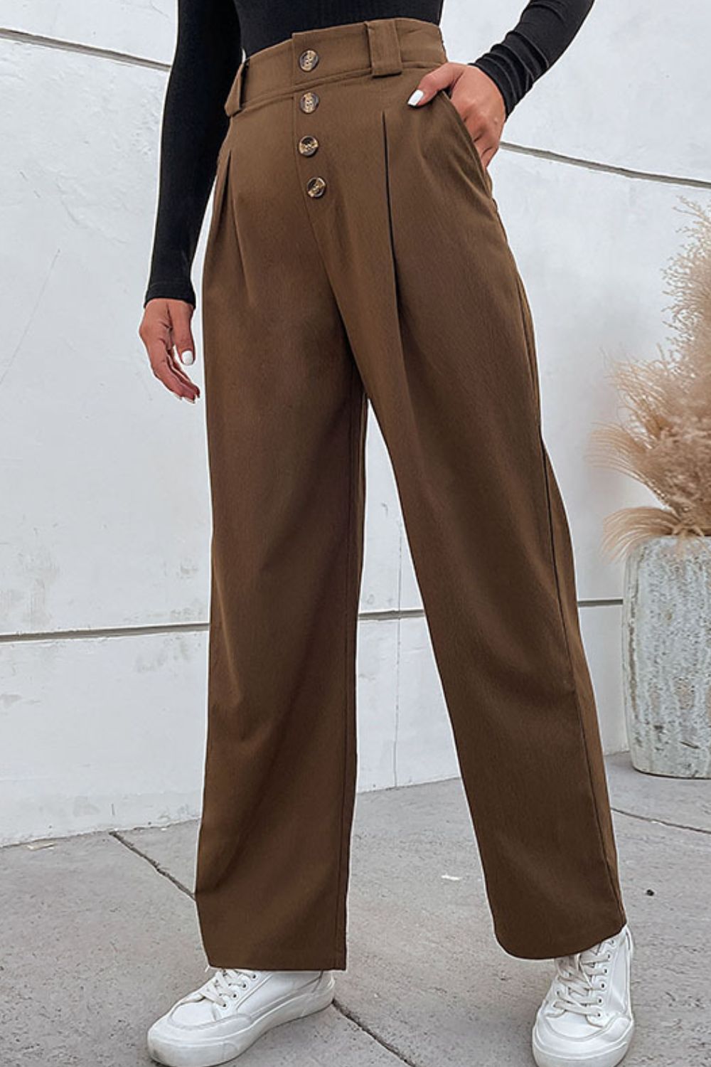 Brown Button-Fly Pleated Waist Wide Leg Pants with Pockets