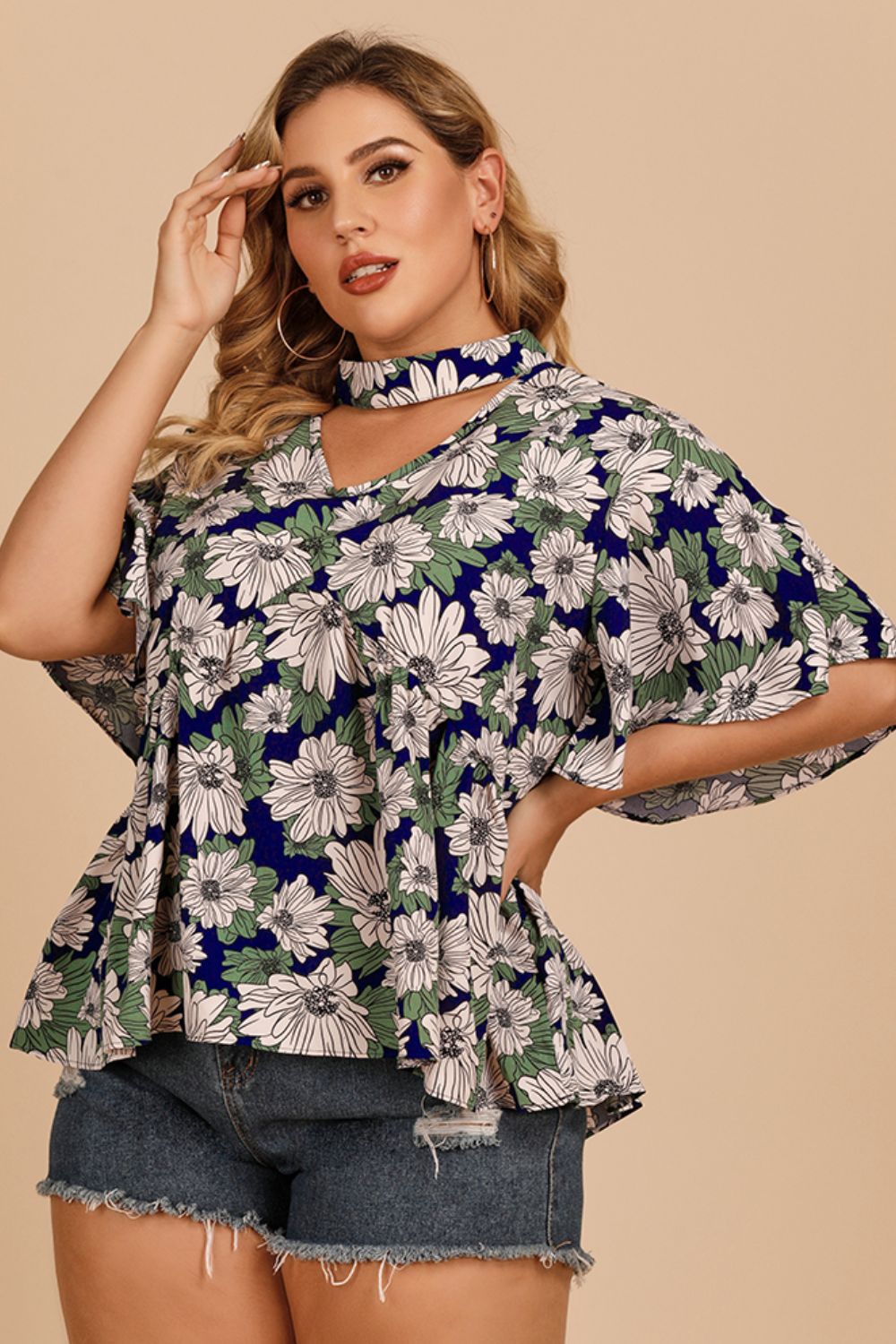 Women's Plus Size Floral Flutter Sleeve Cutout Blouse