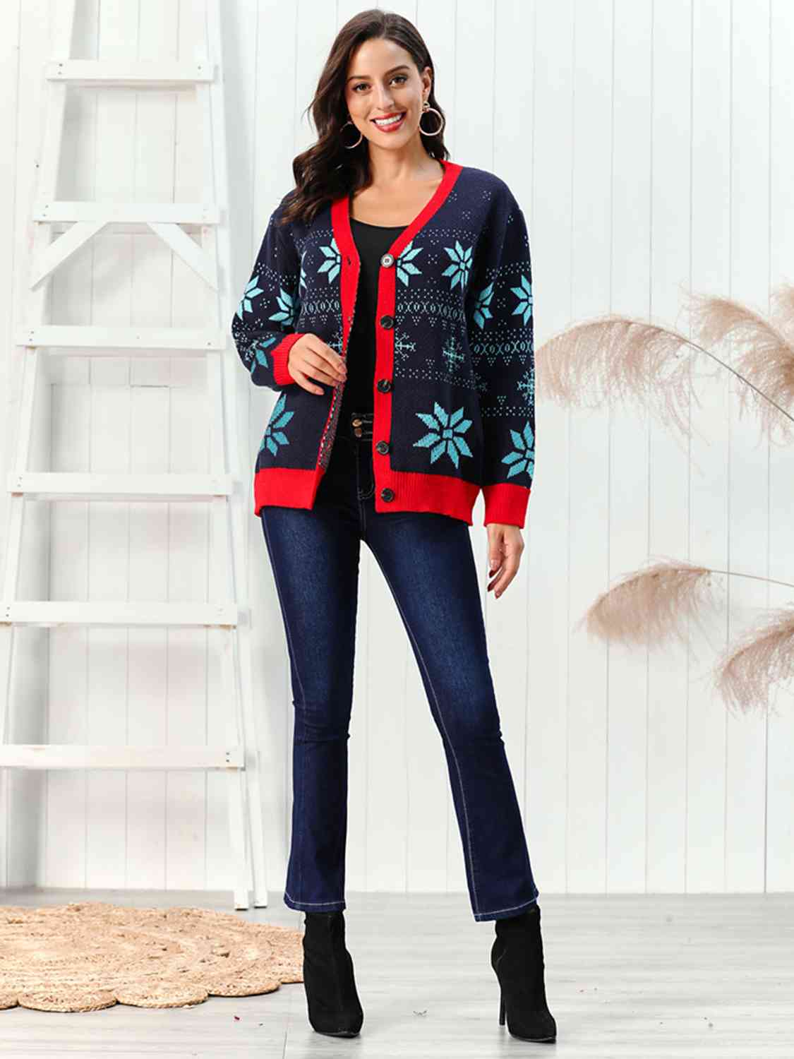 ModDanzyCloset Dark Navy Christmas Snowflake Pattern Button Down Cardigan