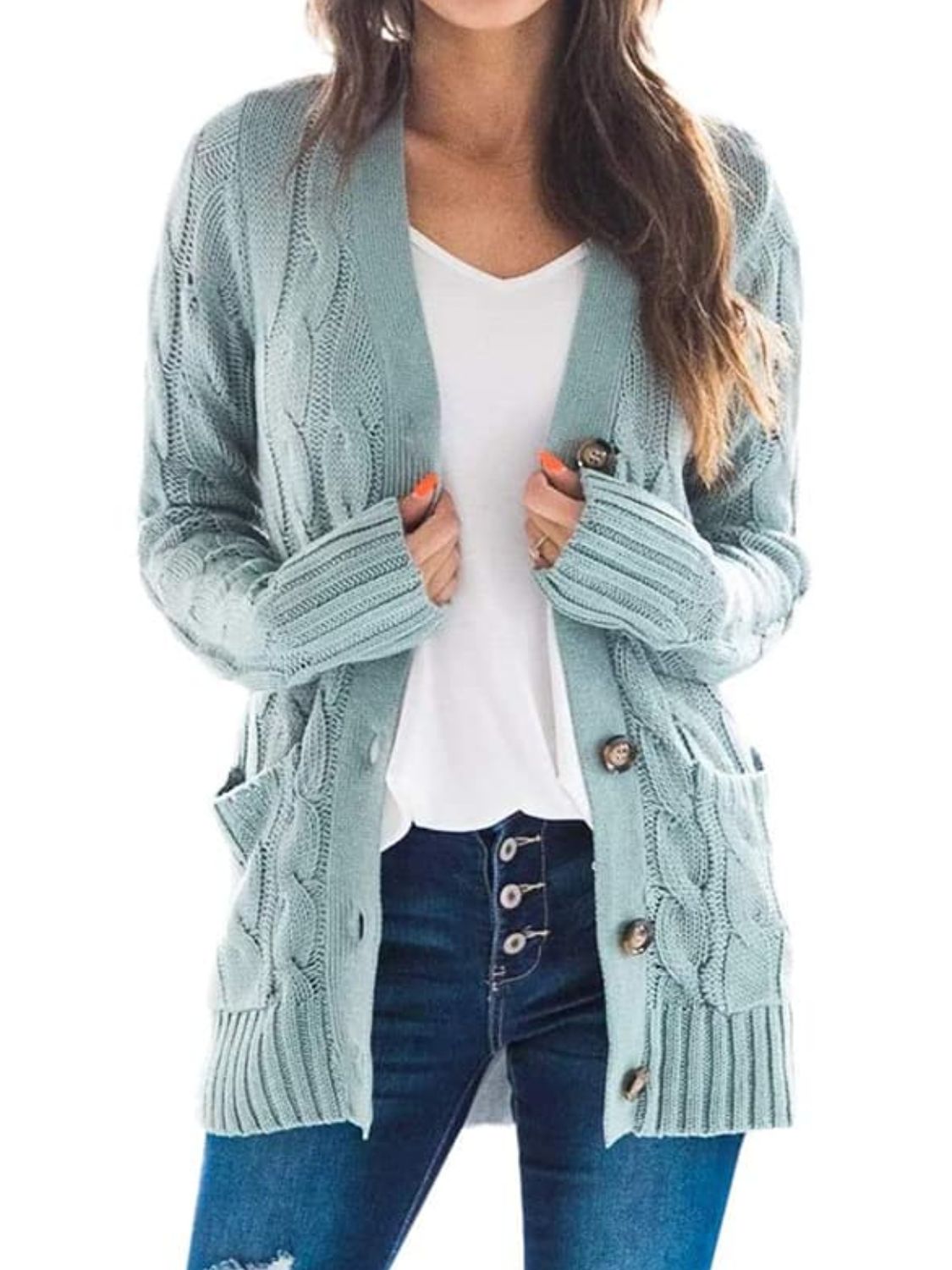 SavannahTree Cable-Knit Buttoned Cardigan with Pockets