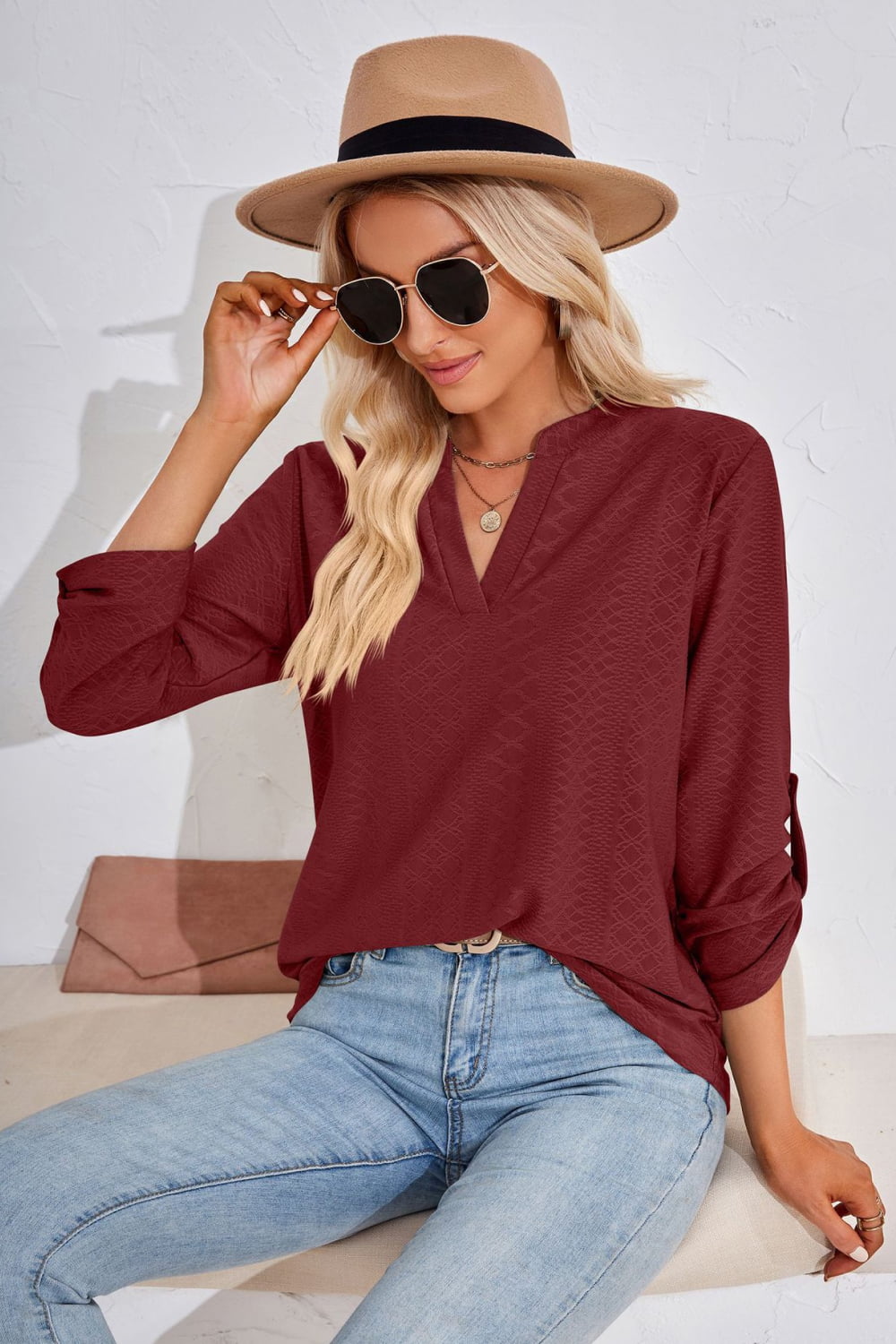 Full Size V-Neck Roll-Tap Sleeve Blouse