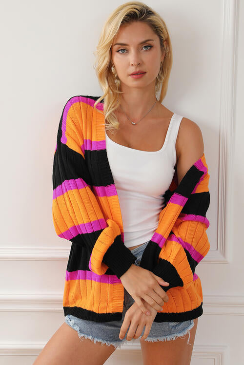 Charming Trends Ribbed Striped Open Front Long Sleeve Cardigan