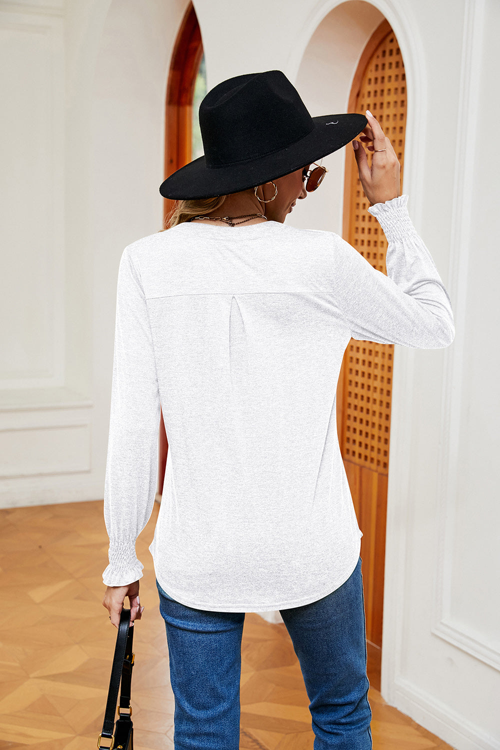 Full Size Notched Neck Long Sleeve Blouse