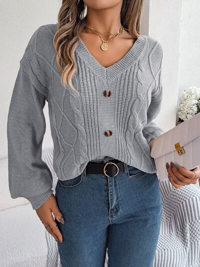 SophisticatedChic Cable-Knit Buttoned V-Neck Sweater