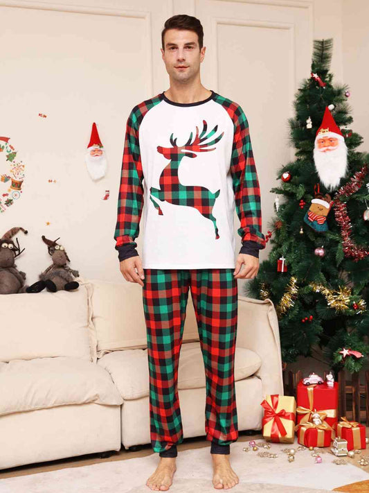 UNISEX Full Size CHRISTMAS Reindeer Graphic Top and Plaid Pants Set