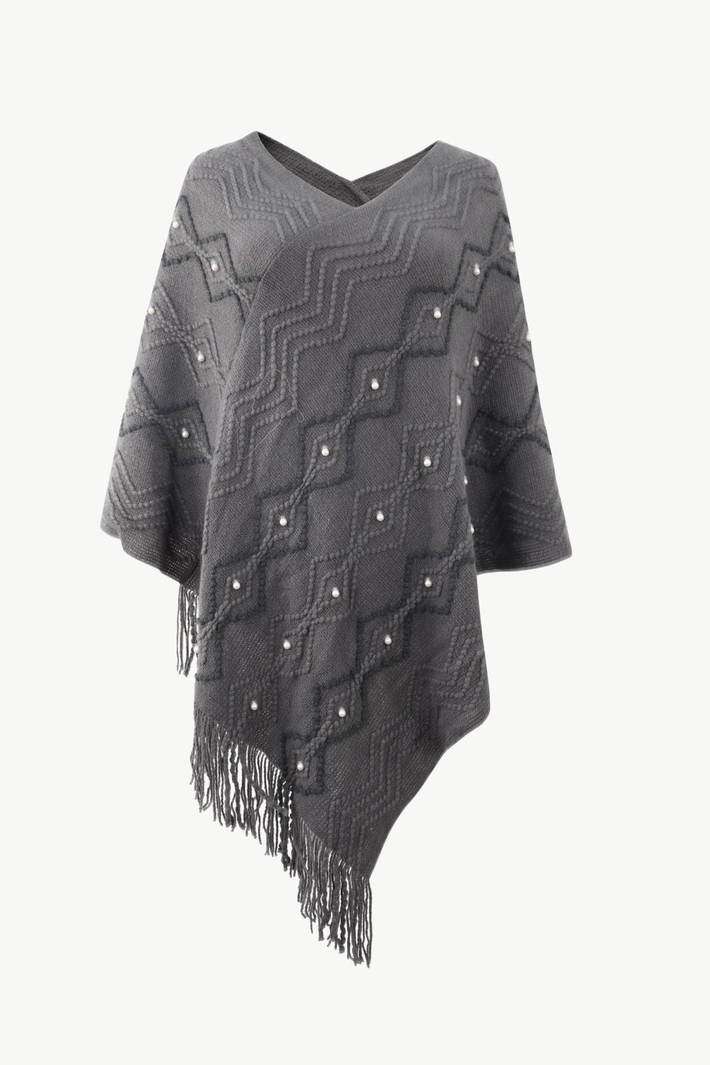 One Size Pearl Trim V-Neck Fringe Hem Poncho