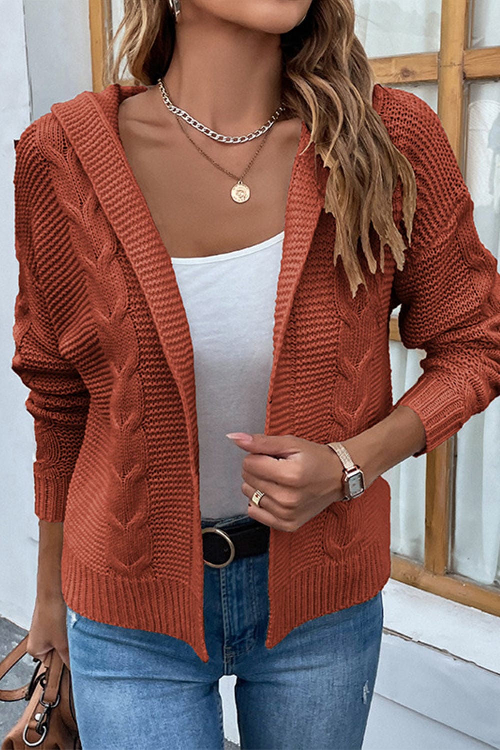 LakenLea Cable-Knit Dropped Shoulder Hooded Cardigan