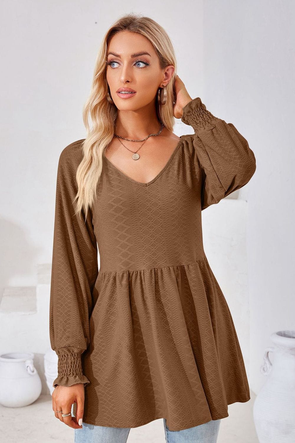 Full Size V-Neck Lantern Sleeve Blouse