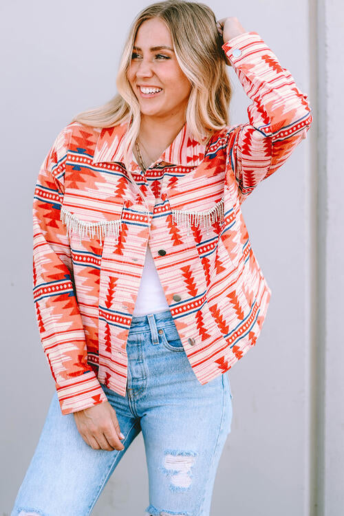 Strawberry Red Geometric Button Up Collared Neck Jacket