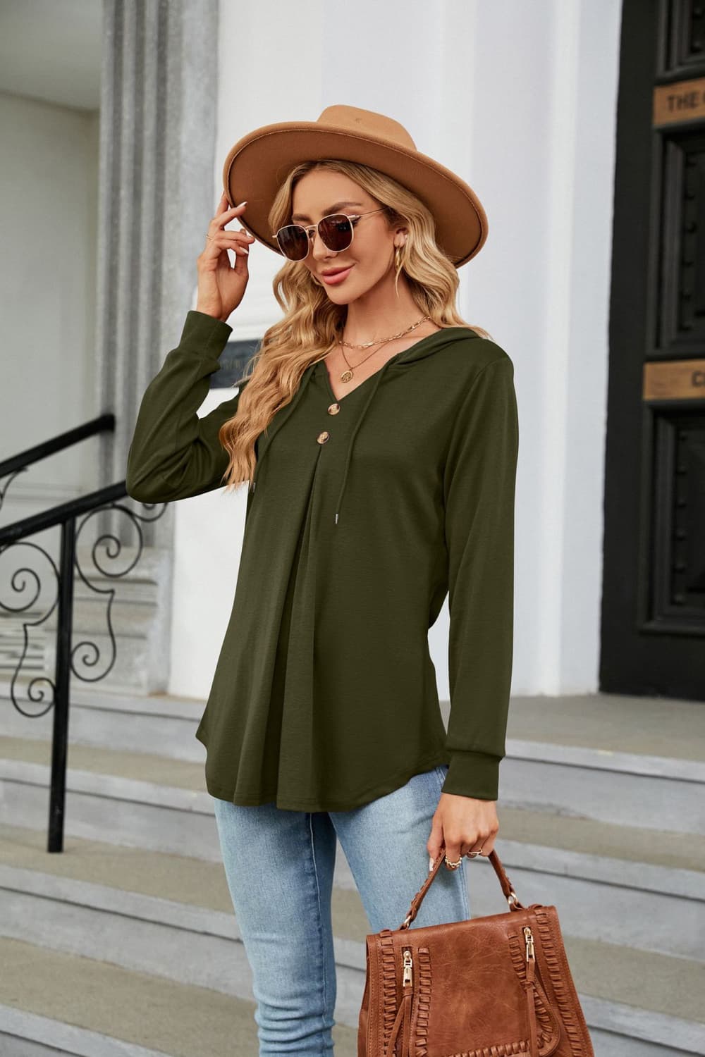 Full Size Long Sleeve Hooded Blouse