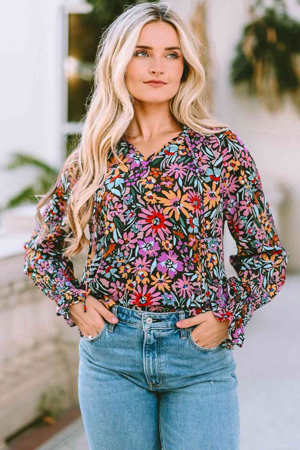 Floral Tie Neck Flounce Sleeve Blouse