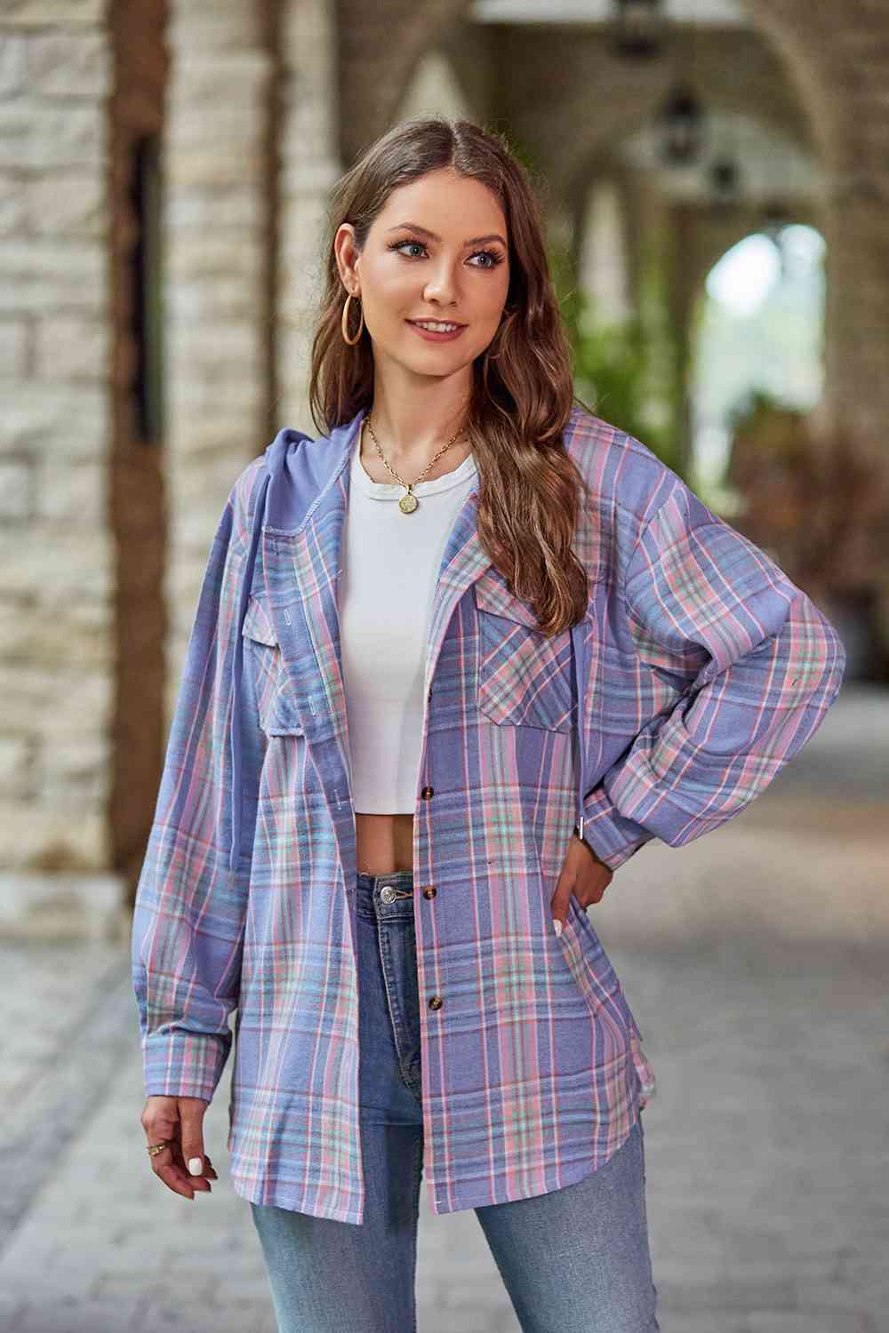 Full Size Plaid Long Sleeve Hooded Jacket