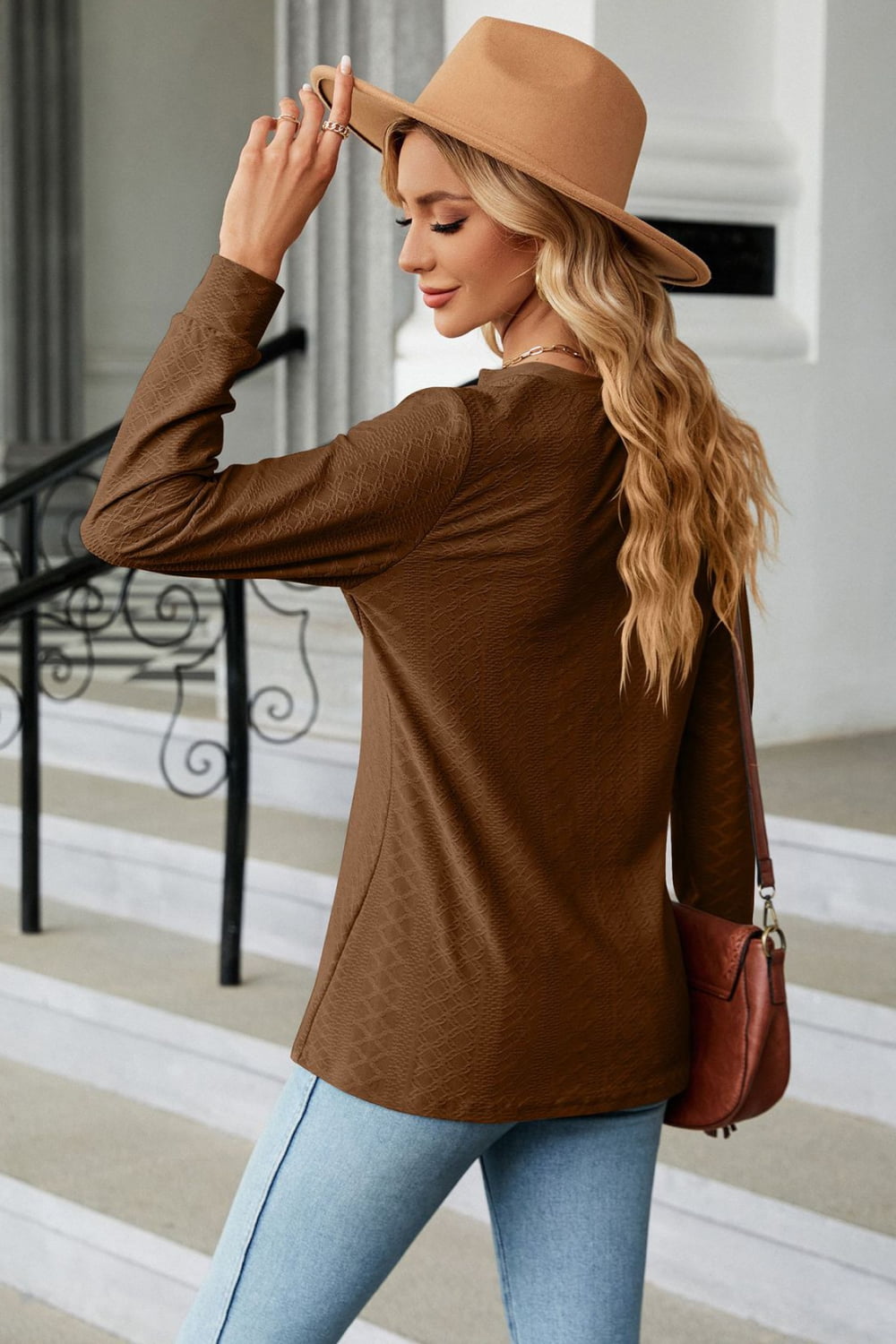 Full Size Notched Neck Long Sleeve Buttoned Blouse