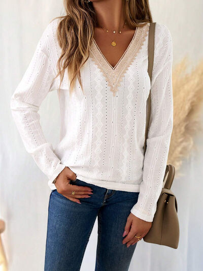 Eyelet V-Neck Dropped Shoulder T-Shirt