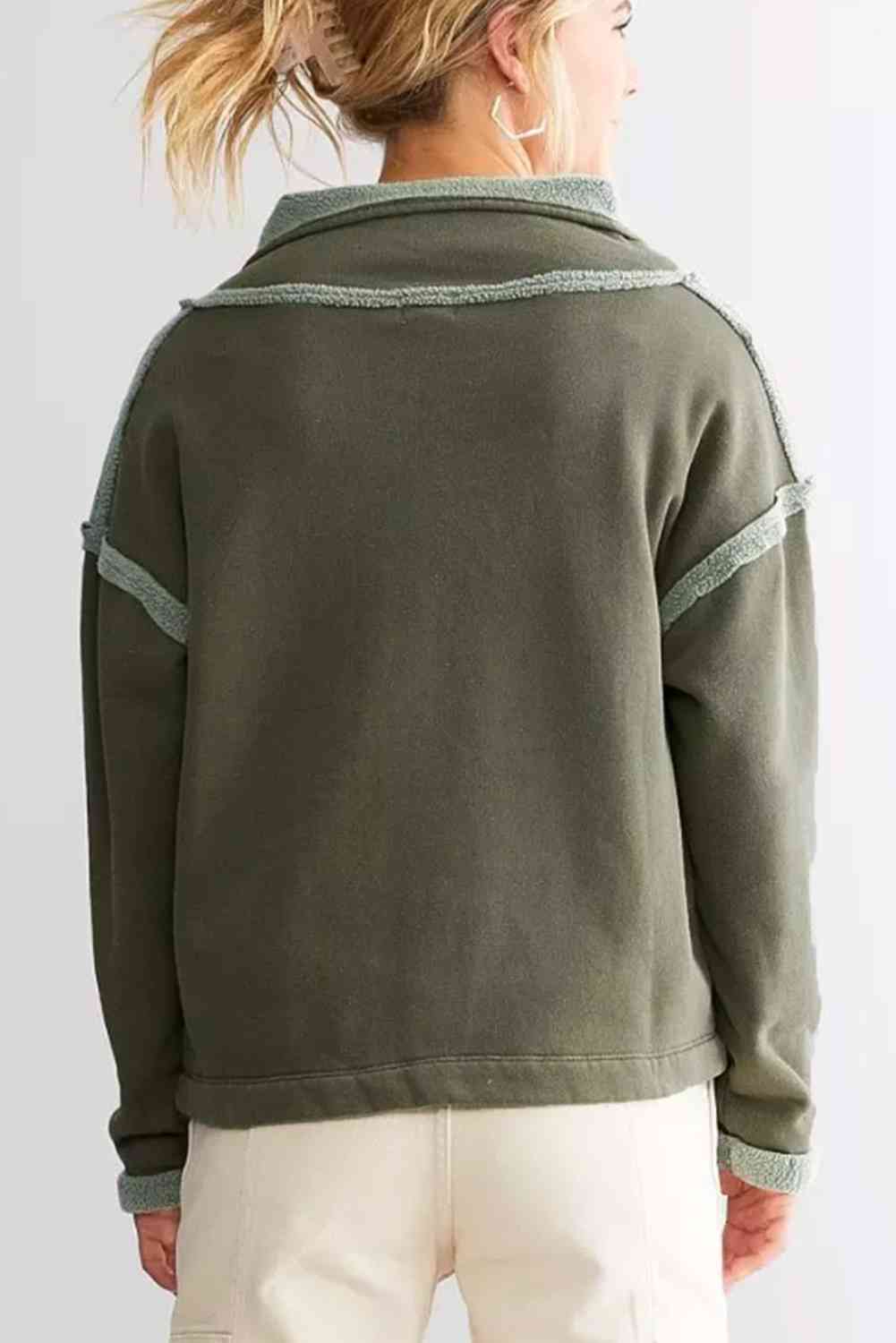 Collared Neck Half Sanp Up Drop Shoulder Sweatshirt