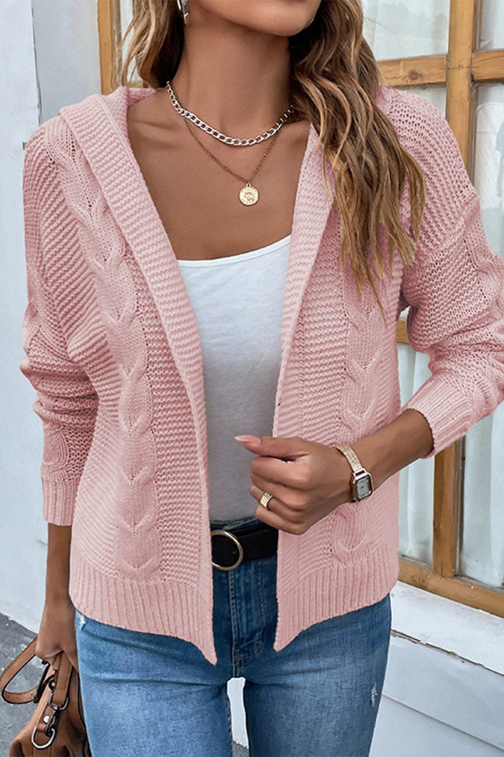 LakenLea Cable-Knit Dropped Shoulder Hooded Cardigan