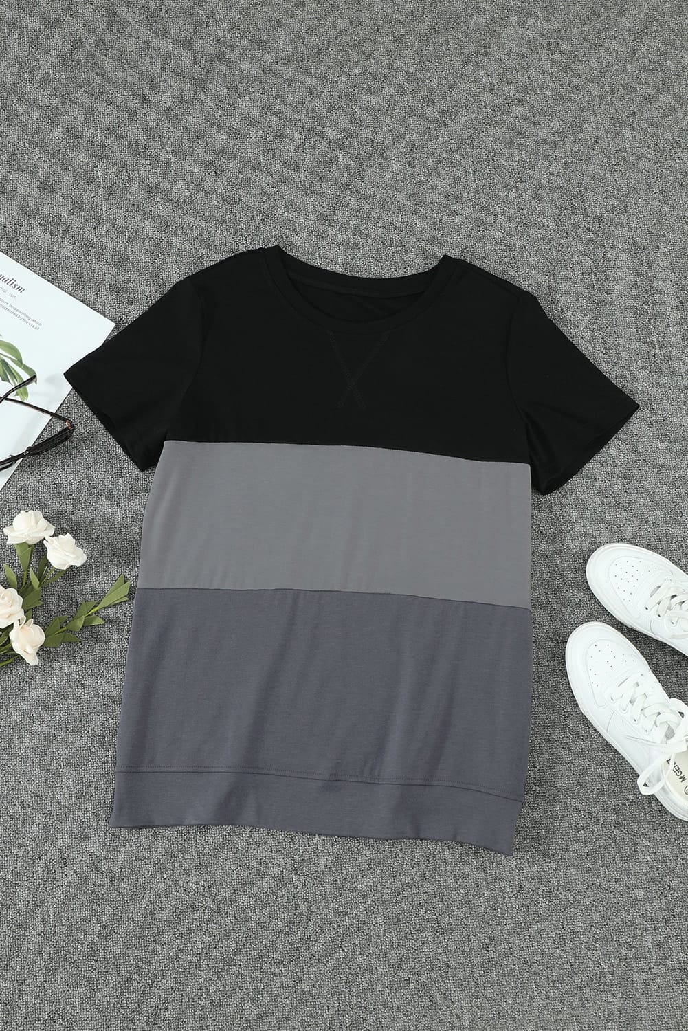 Women's Full Size Short Sleeve Color Block Side Slit Round Neck T-Shirt