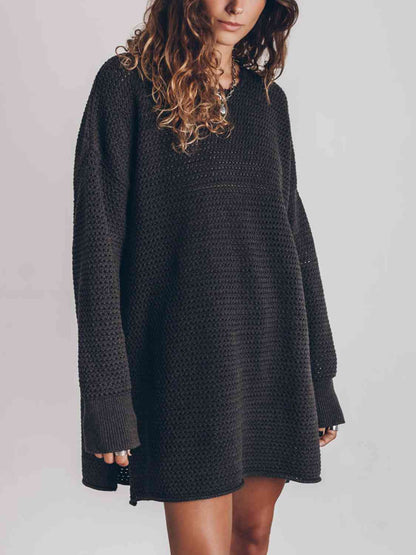 LoversLane Openwork Round Neck Long Sleeve Slit Sweater