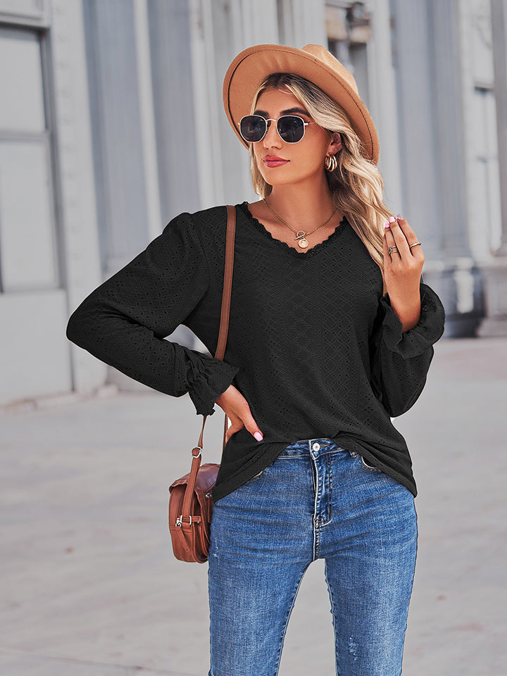 Full Size Eyelet V-Neck Flounce Sleeve Blouse