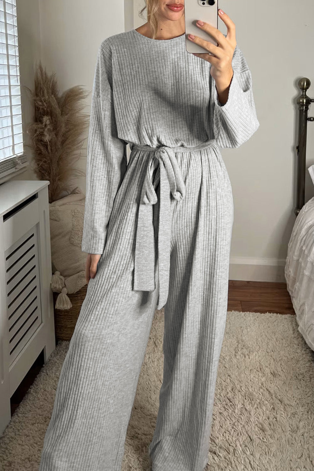 Grey Long Sleeve Round Neck Jumpsuit