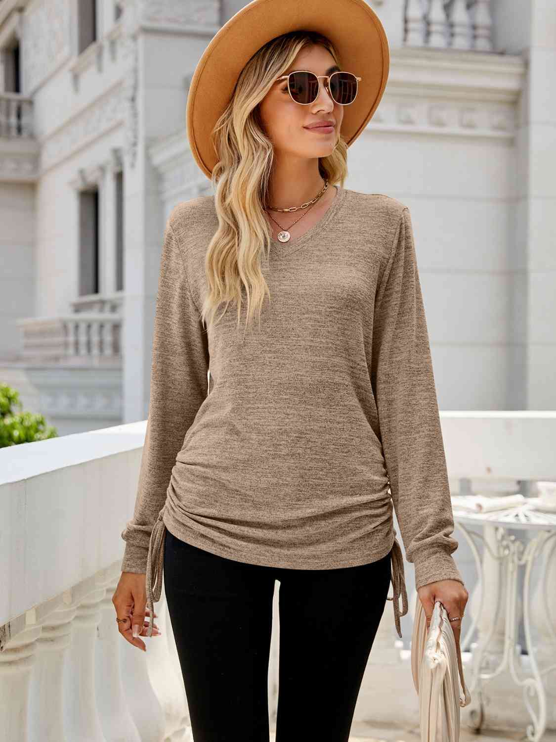 Full Size Drawstring V-Neck Long Sleeve T-Shirt