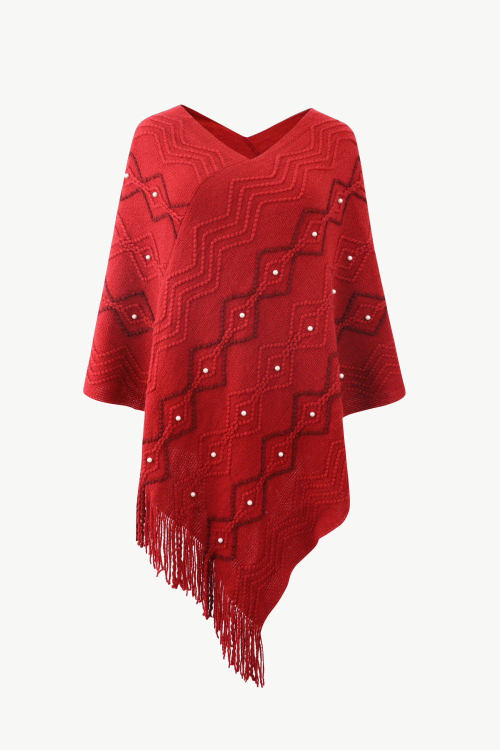 One Size Pearl Trim V-Neck Fringe Hem Poncho