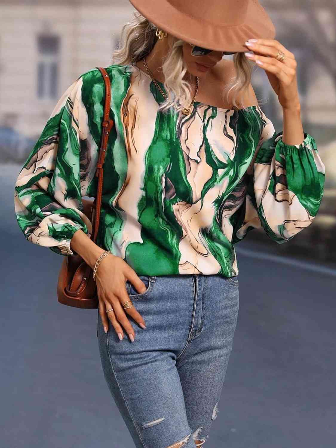 Full Size Printed Boat Neck Blouse