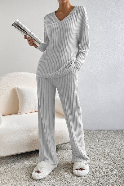 NotSoBasic Ribbed V-Neck Top and Pants Lounge Set