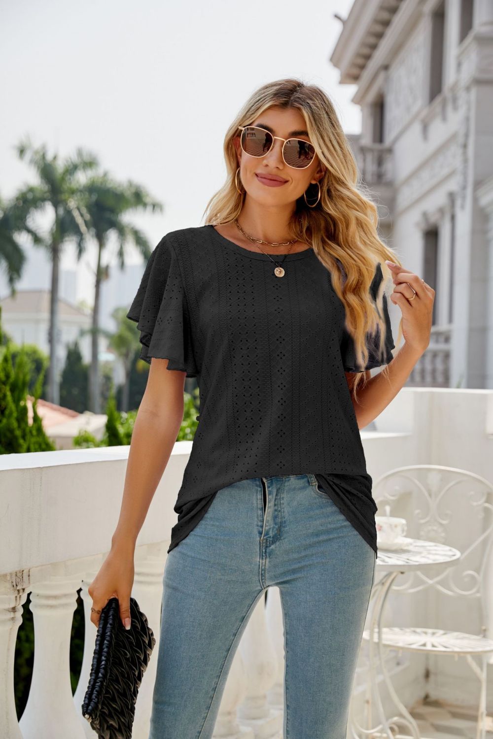 Full Size Eyelet Flutter Sleeve Round Neck Top