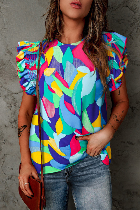 Women's Printed Round Neck Butterfly-Short Sleeve Top