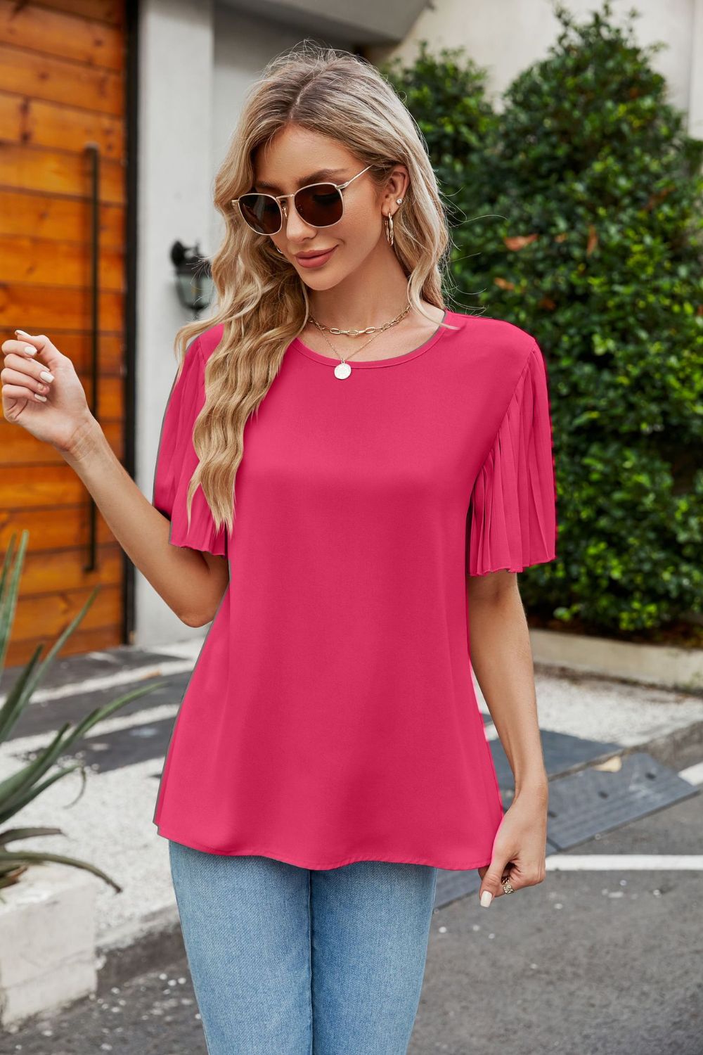 Women's Full Size Pleated Flutter Sleeve Round Neck Blouse