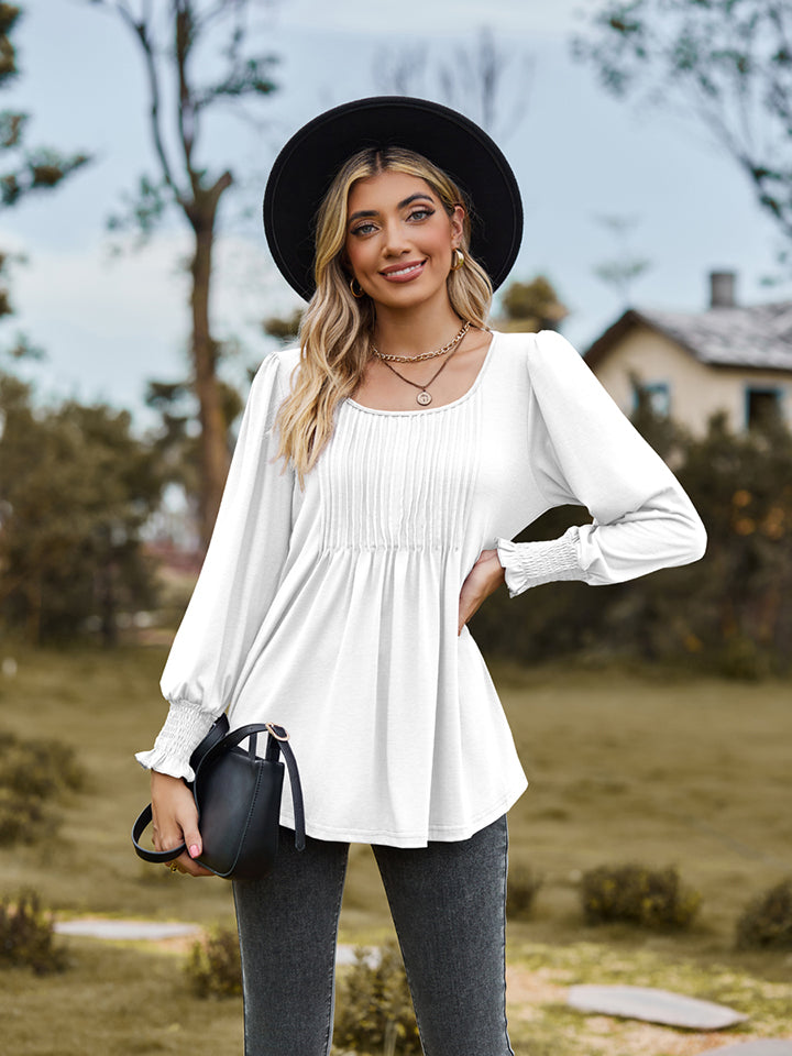 Full Size Puff Sleeve Pleated Blouse