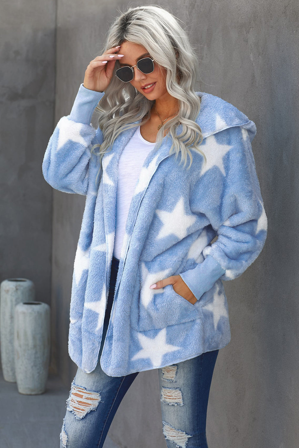 Full Size Star Open Front Fuzzy Hooded Jacket with Pockets