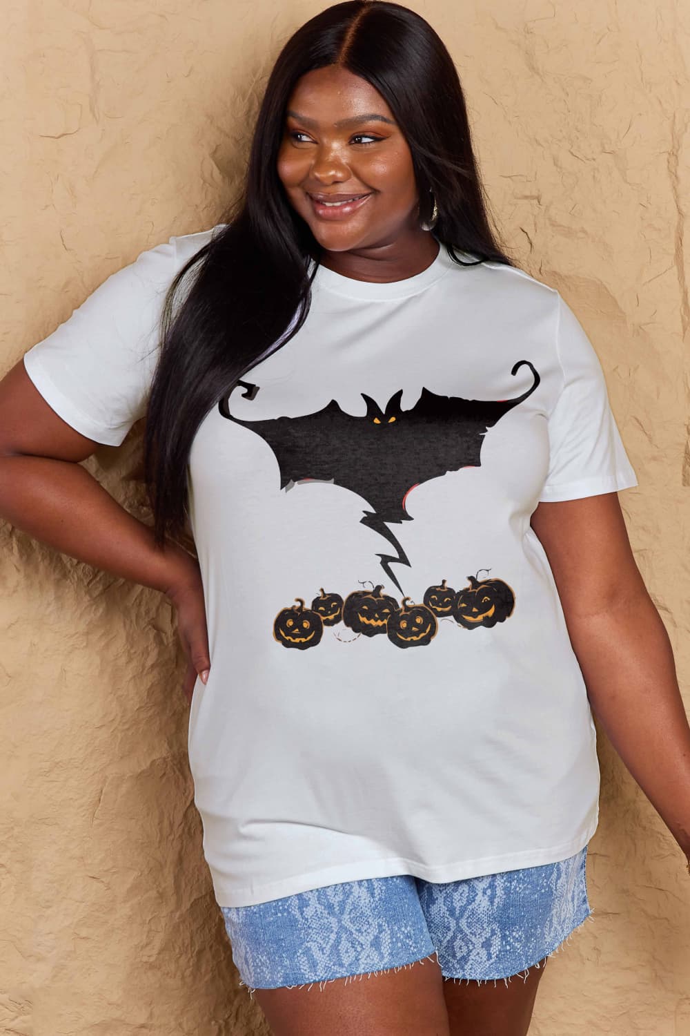 Simply Love Full Size Bat & Pumpkin Graphic Cotton Halloween T-Shirt