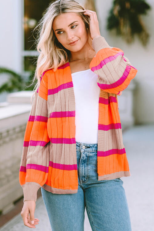 Charming Trends Ribbed Striped Open Front Long Sleeve Cardigan