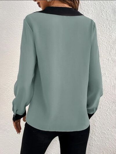 Women's Ava Contrast Trim V-Neck Long Sleeve Blouse