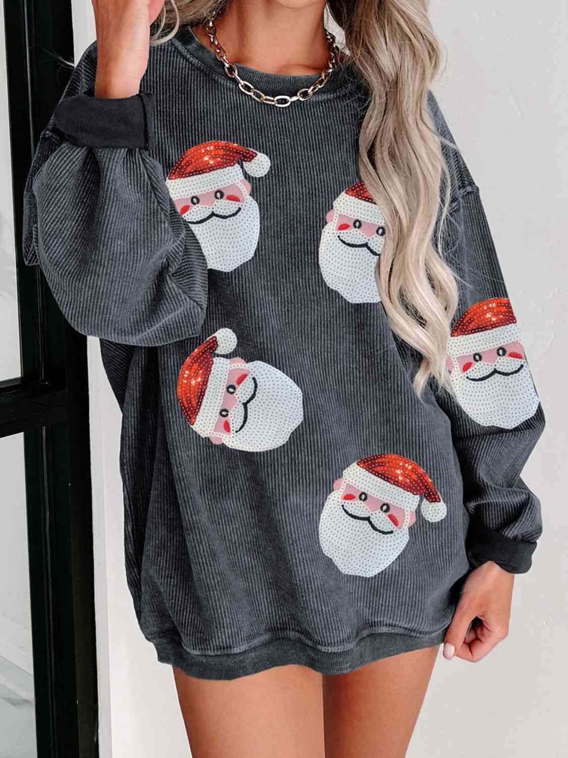 CHRISTMAS Sequin Santa Patch Ribbed Sweatshirt