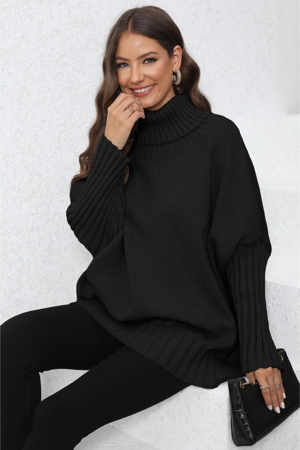 One Size Turtle Neck Long Sleeve Ribbed Sweater