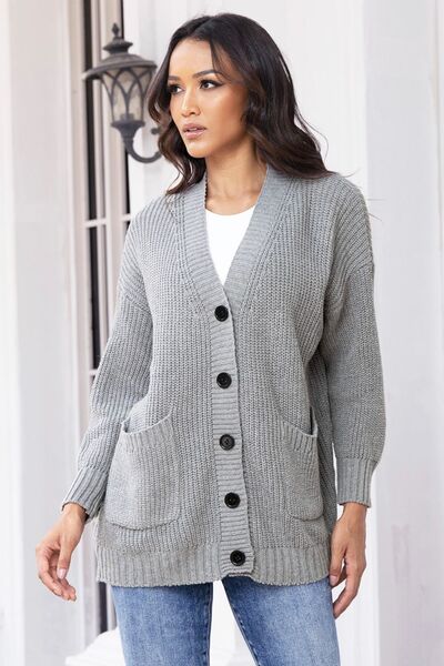 Button Up Charcoal Gray Long Sleeve Cardigan with Pockets
