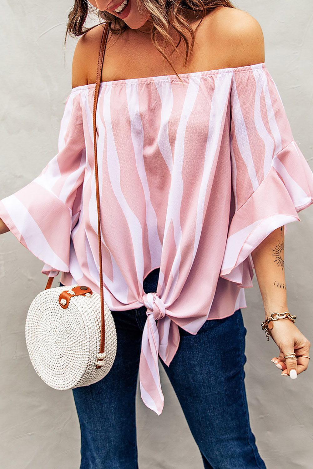 Malibu Dreams Full Size Striped Tie Front Flounce Sleeve Blouse