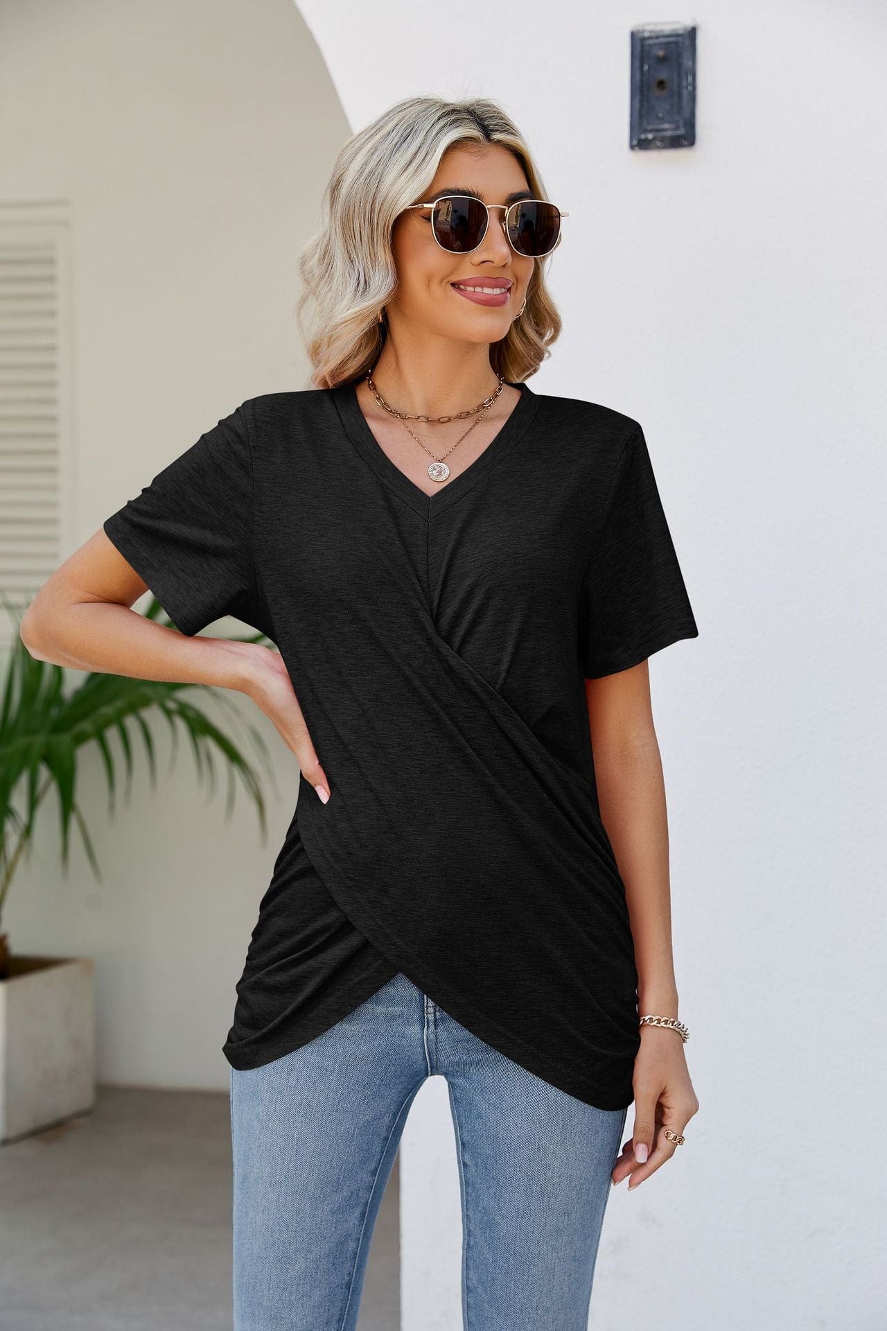 Full Size V-Neck Crisscross Short Sleeve Tee