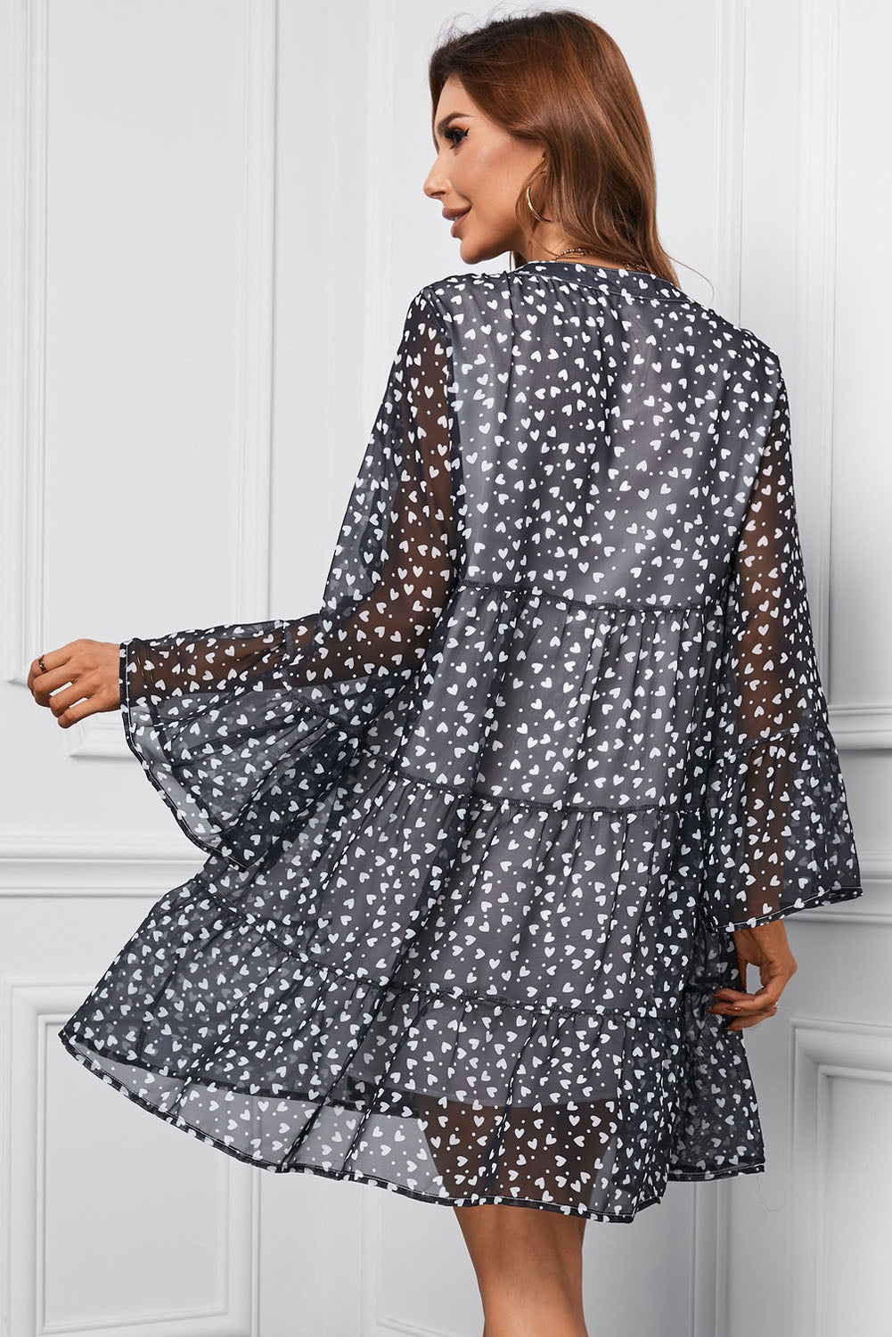 Women's Printed Notched Neck Flare Sleeve Tiered Dress